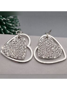 Heart Crystal Rhinestone Drop Earrings Silver Tone Sparkly Shimmering Bride 1.5"
